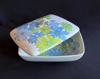 Ernestine Salerno Covered Serving Dish with Lid, Vintage Italian Ceramic, Fiordaliso Floral, MCM Blue Green Pottery