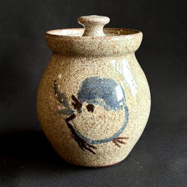Vintage Almquist Old Time Pottery Garlic Keeper, Winthrop WA Bluebird Stoneware, 1980s Handmade Studio Pottery