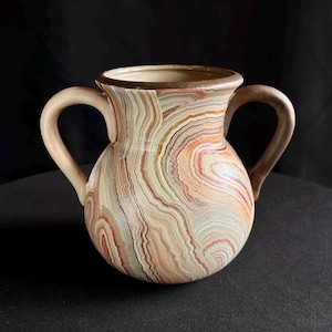Signed Olivia Dee Studio Pottery Vase, Double Handle Ceramic Vase, Marbled Agateware, Blush Pink Blue, Sculptural Art Pottery