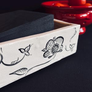 Hand-Painted White & Black Ceramic Dish, Floral Square Tray, Napkin Holder or Trinket Dish, Rubber-Footed Boho Decor image 8