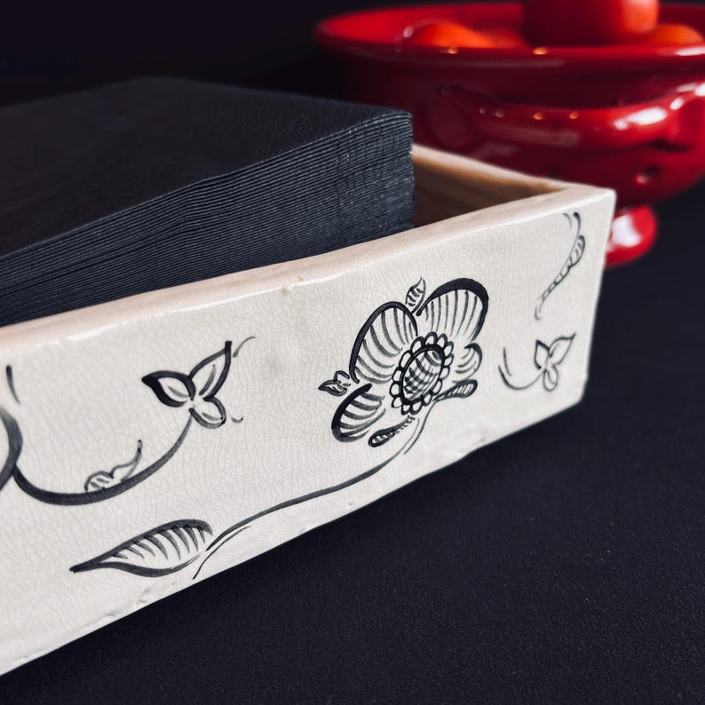 Hand-Painted White & Black Ceramic Dish, Floral Square Tray, Napkin Holder or Trinket Dish, Rubber-Footed Boho Decor image 8