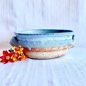 Blue Studio Pottery Handled Serving Bowl, Handmade Stoneware Artisan Bowl, Rustic Ceramic Centerpiece Bowl, Signed Pottery, Farmhouse Decor
