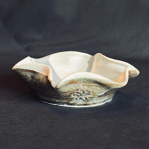 Hand Thrown Studio Pottery Bowl, Signed KC Ceramic Bowl, Blue Brown Glaze Floral Imprint, Rustic Wavy Rim Dish, Small Decorative Bowl