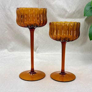Pair of MCM Amber Glass Compote Dishes/Candleholders, Long Stemmed Ribbed Mid Century Modern Decor
