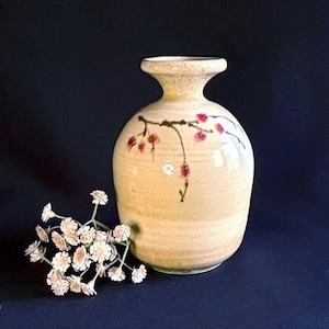 Stephen Smilove Studio Pottery Bud Vase · Hand Thrown Oatmeal Glaze with Red Berry Branch · Portland Oregon Artist Signed 5” x 3”
