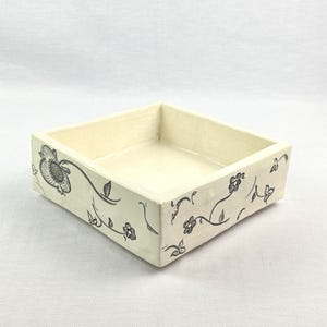 Hand-Painted White & Black Ceramic Dish, Floral Square Tray, Napkin Holder or Trinket Dish, Rubber-Footed Boho Decor image 2