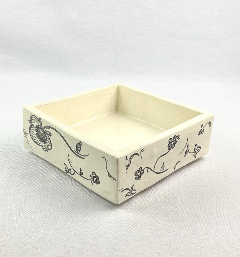Hand-Painted White & Black Ceramic Dish, Floral Square Tray, Napkin Holder or Trinket Dish, Rubber-Footed Boho Decor image 2