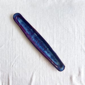 Handmade Blue Studio Pottery Olive Tray, Long Stoneware Serving Dish, Glossy Indigo Glaze, Signed D Mark, Artisan Tray