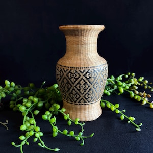 May include: A woven vase with a wide base and flared rim. The vase is tan with a black geometric pattern around the middle. Green leafy vines are in the foreground against a black background.