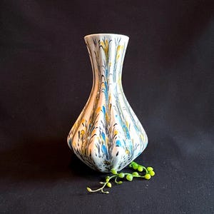 Hand-Painted Ceramic Vase, Blue Yellow Black Brushstroke Vase, Mid-Century Modern Studio Pottery, Signed D Mark, Abstract Art Vase
