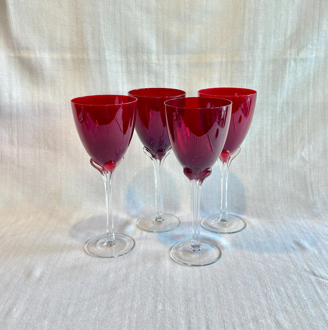 Prunt Red Murano Style Prunt Wine Goblets, Hand Blown Italian Art Glass, Set ...