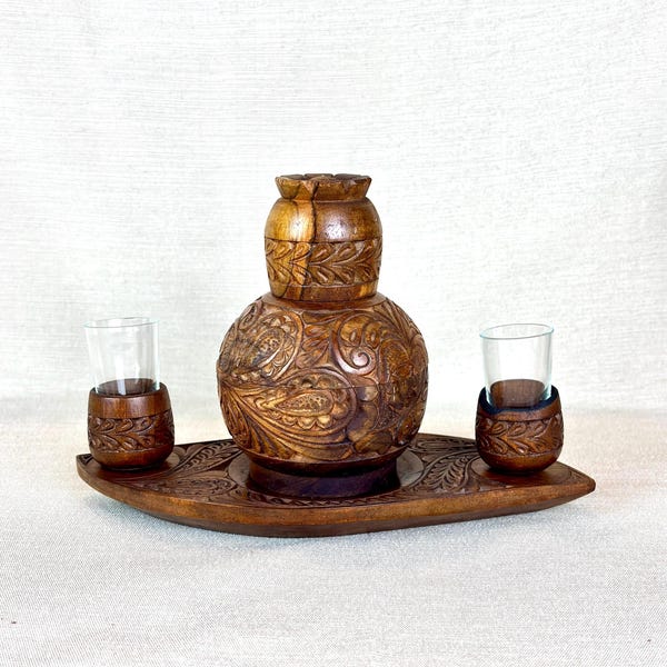 Vintage Hungarian Carved Wood Liquor Set, Unicum Budapest Glass Decanter – Tray, Wooden Shot Glass Holders – Folk Art Barware