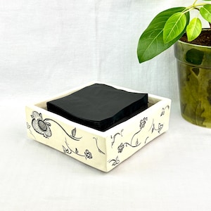 Hand-Painted White & Black Ceramic Dish, Floral Square Tray, Napkin Holder or Trinket Dish, Rubber-Footed Boho Decor image 3
