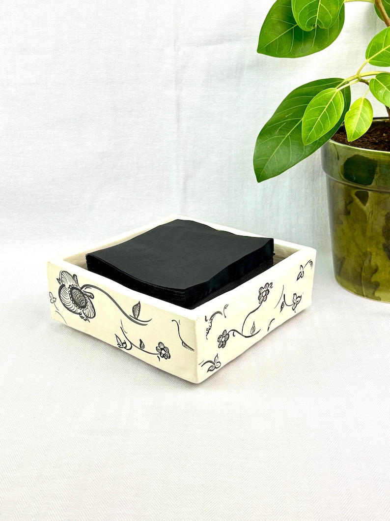 Hand-Painted White & Black Ceramic Dish, Floral Square Tray, Napkin Holder or Trinket Dish, Rubber-Footed Boho Decor image 3