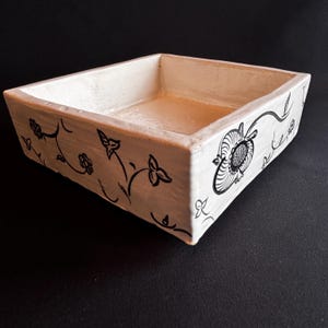 Hand-Painted White & Black Ceramic Dish, Floral Square Tray, Napkin Holder or Trinket Dish, Rubber-Footed Boho Decor image 13