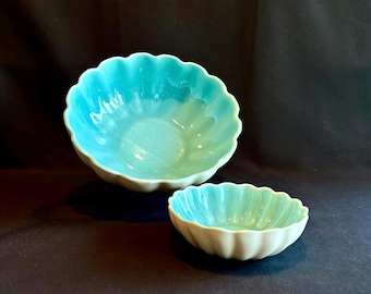 Catalina Rancho Nesting Bowl Set, Aqua Blue California Pottery Bowls, Scalloped Serving Bowls, Mid Century Ceramic Fruit Bowls
