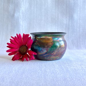 Signed S. Piwonski Raku Vase, Iridescent Studio Pottery, Copper Luster Vessel, Small Teal Plum Gold Art Pottery