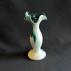 Vintage Emerald Ruffled Pottery Vase. Handmade Cream Pottery with Green Crackle Drip Glaze, Signed D Mark, Mid-Century Modern Decor