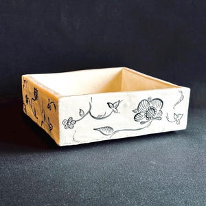 Hand-Painted White & Black Ceramic Dish, Floral Square Tray, Napkin Holder or Trinket Dish, Rubber-Footed Boho Decor