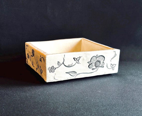 Hand-Painted White & Black Ceramic Dish, Floral Square Tray, Napkin Holder or Trinket Dish, Rubber-Footed Boho Decor