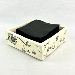 Hand-Painted White & Black Ceramic Dish, Floral Square Tray, Napkin Holder or Trinket Dish, Rubber-Footed Boho Decor image 11