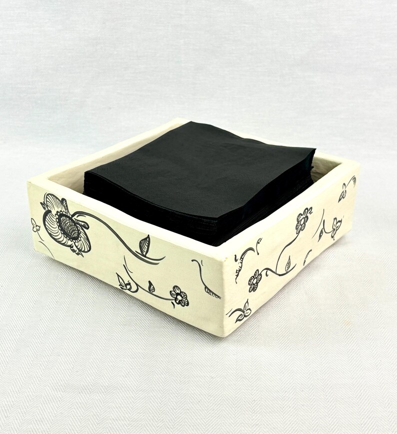 Hand-Painted White & Black Ceramic Dish, Floral Square Tray, Napkin Holder or Trinket Dish, Rubber-Footed Boho Decor image 11