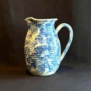 Signed Little John Studio Pottery Pitcher, Blue Spongeware Pottery Jug, Handmade Stoneware Vase, Rustic Farmhouse Vessel, PNW Pottery
