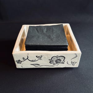Hand-Painted White & Black Ceramic Dish, Floral Square Tray, Napkin Holder or Trinket Dish, Rubber-Footed Boho Decor image 15