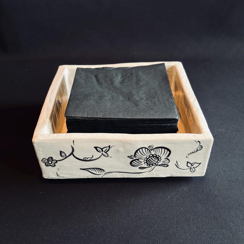Hand-Painted White & Black Ceramic Dish, Floral Square Tray, Napkin Holder or Trinket Dish, Rubber-Footed Boho Decor image 15