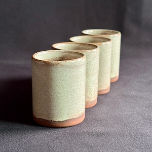 Studio Pottery Sake Cups Set of 4, Speckled Beige Stoneware Shot Cups, Signed Handmade Ceramic Tasting Cups
