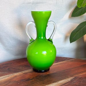 Bright Lime Green Cased Art Glass Vase with Clear Handles,  Vintage Italian Style Mid-Century Decor