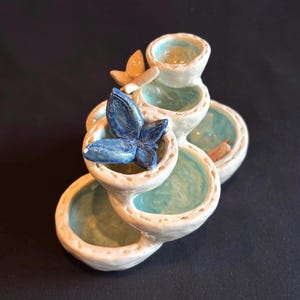 Ceramic Butterfly Waterfall Sculpture, Tiered Pottery Jewelry Holder, Blue & White Studio Art Decor