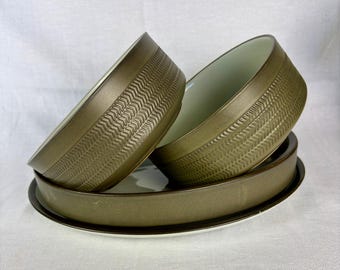 Vintage Denby Chevron Serving Set in Olive Green Stoneware, Designed by Gill Pemberton, Two Bowls, Oval Vegetable Dish, and Large Platter