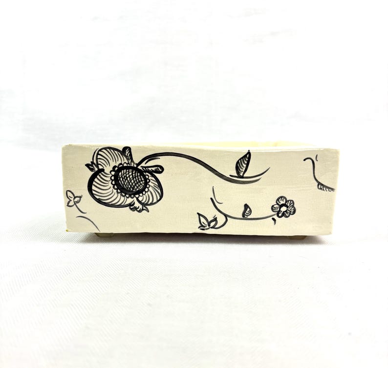 Hand-Painted White & Black Ceramic Dish, Floral Square Tray, Napkin Holder or Trinket Dish, Rubber-Footed Boho Decor image 4