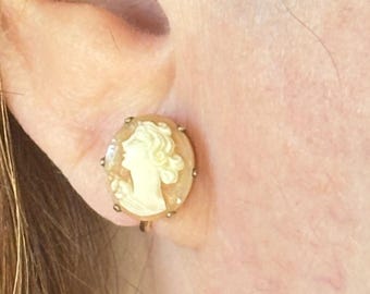 Vintage Cameo Earrings, Van Dell 12K Gold Filled, Carved Shell Cameo, Screw Back Earrings, Classic Lady Profile, Mid Century Jewelry