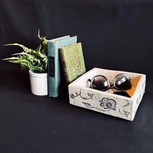 Hand-Painted White & Black Ceramic Dish, Floral Square Tray, Napkin Holder or Trinket Dish, Rubber-Footed Boho Decor image 6