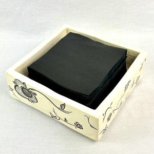 Hand-Painted White & Black Ceramic Dish, Floral Square Tray, Napkin Holder or Trinket Dish, Rubber-Footed Boho Decor image 5
