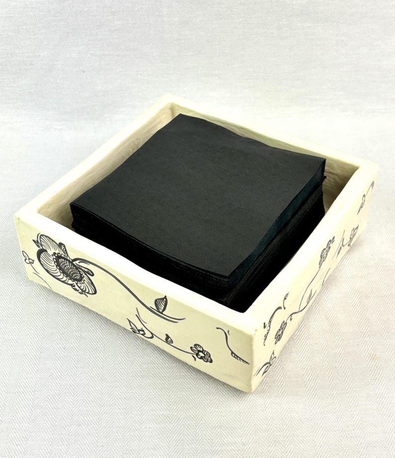 Hand-Painted White & Black Ceramic Dish, Floral Square Tray, Napkin Holder or Trinket Dish, Rubber-Footed Boho Decor image 5