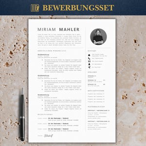 Peut inclure: Un modèle de CV professionnel avec le nom "Miriam Mahler" en haut. Le CV comprend des sections pour l'expérience professionnelle, l'éducation et les coordonnées. Un stylo noir est positionné à gauche du CV.