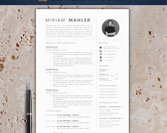 Plantilla de solicitud moderna | Plantilla de currículum vitae tabular 2025 | Alemán, Word | Conjunto completo | Plantilla de CV | Carta de presentación | Miriam Mahler