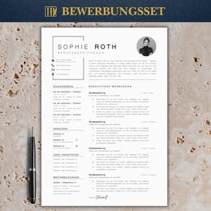 Może przedstawiać: Szablon CV z imieniem SOPHIE ROTH na górze, z sekcjami dotyczącymi wykształcenia, doświadczenia zawodowego i umiejętności. Czarny długopis znajduje się po lewej stronie strony. CV znajduje się na jasnobeżowym tle.