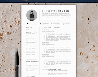 Plantilla de solicitud moderna | Plantilla de currículum tabular 2025 | Alemán, Word | Conjunto completo | Plantilla de CV | Carta de presentación | Charlotte Krüger