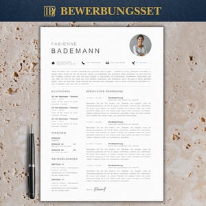 Może przedstawiać: Minimalistyczny szablon CV z nazwiskiem "Fabienne Bademann". Dokument zawiera sekcje dotyczące wykształcenia, doświadczenia zawodowego i umiejętności. Czarny długopis znajduje się po lewej stronie obrazu.