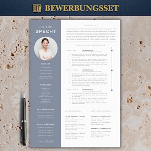 May include: A professional CV template featuring a woman's photo, contact details, and sections for skills and education. The design uses blue and white tones, with a black pen placed on the side.