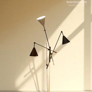 Mid-Century Brass Italian Stilnovo Multicolor Triennale Floor Lamp with Black Marble Base - Vintage‑Style Adjustable Brass Floor Lamp .
