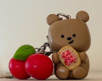 Handmade Polymer Clay Cherry PopTart Bear Keychain, Miniature Food Charm