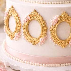 May include: A tiered white cake decorated with gold ornate frames, pink flowers, and pearl accents. A pink ribbon encircles the cake's base. The cake is a centerpiece for celebrations.