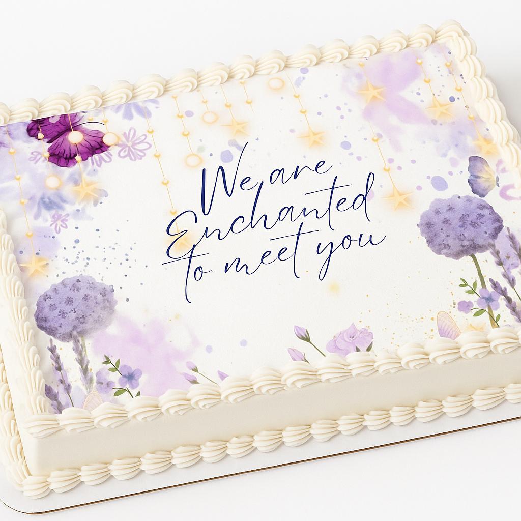 We are enchanted to meet you baby shower edible image. Fairy themed cake topper. Purple floral butterfly. Baby girl shower decor