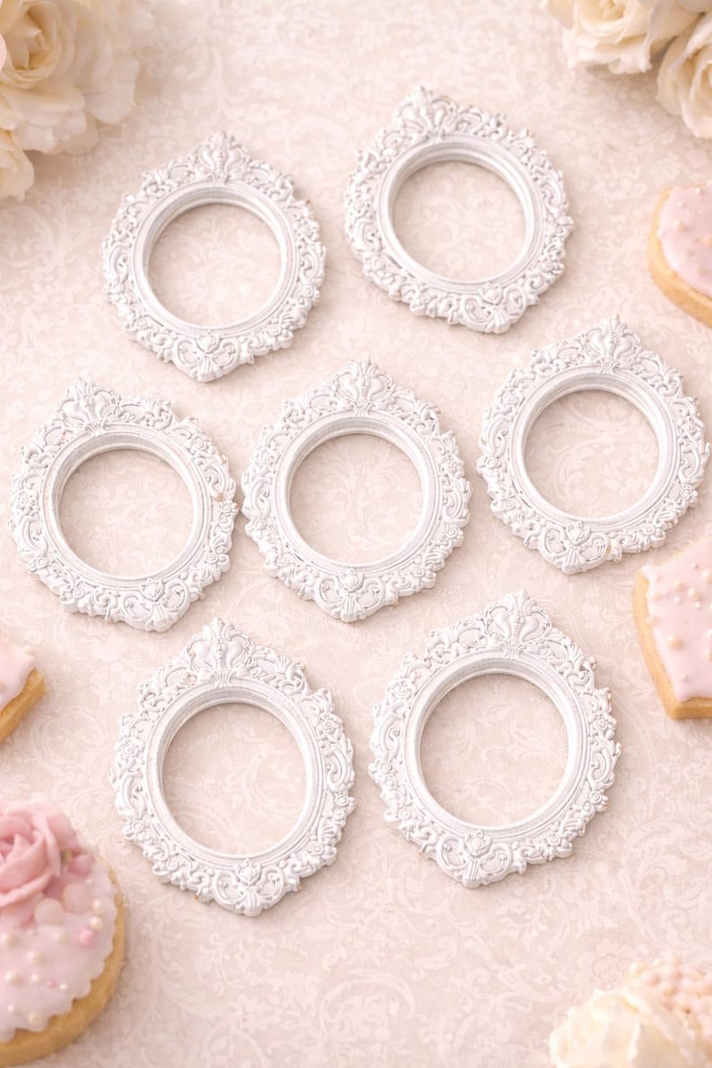 May include: Seven white, ornate, oval-shaped picture frames with detailed scrollwork are arranged on a patterned surface. The frames have a vintage, romantic aesthetic. Decorative cookies with pink frosting and flowers are also present.