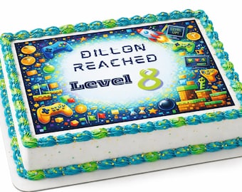 Ätbar bild för Gamer-födelsedag – "Level Up"-tårtdekoration för videospel (anpassat namn och ålder)